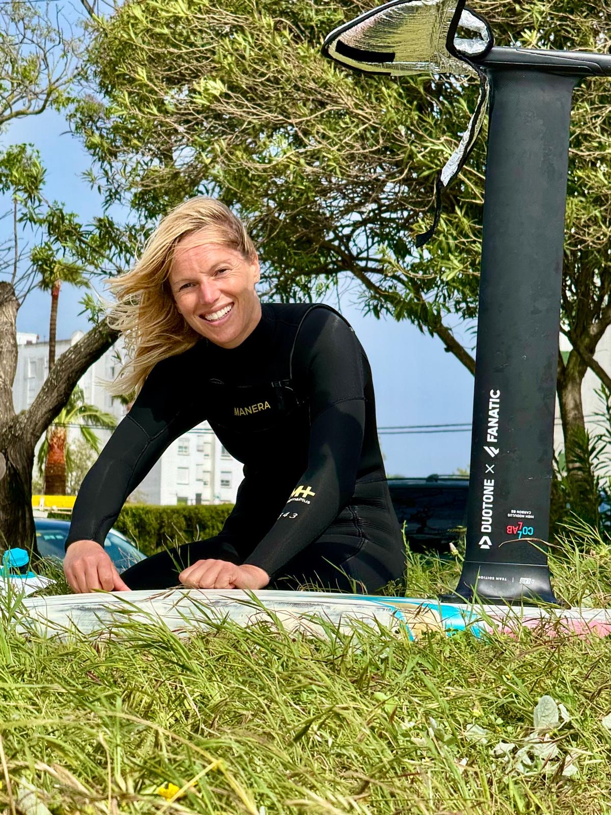 Nathalie with her wingfoil board in Tarifa